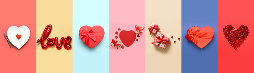 Festive collage for Valentine's Day celebration on color background