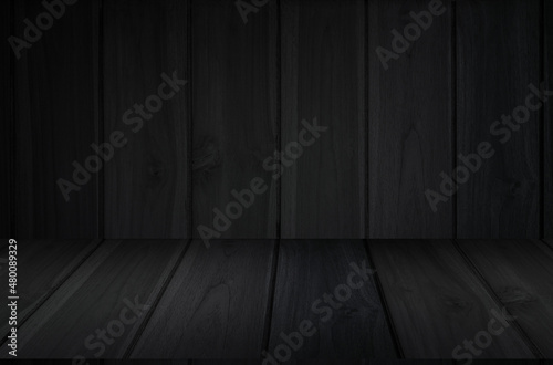 Dark wood hardwood wall as background  old floor black wooden texture perspective interior kitchen. Empty dark wooden table and board for product decoration display.
