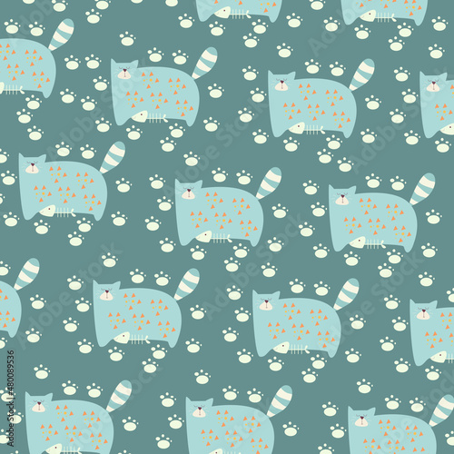 Hand drawn seamless pattern abstract cute cat cartoon premium vector 
for kids and baby. Print on t shirts, fabric, linen, textile and wallpaper background