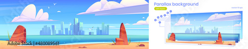Parallax background city skyline architecture at waterfront bay view from sea beach. Modern megapolis with skyscraper buildings, separated layers for 2d game animation, Cartoon vector illustration