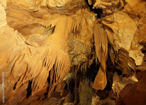 Beautiful rock formation that resembles a curtain inside of Diamond Cave at Mammoth Cave National Park near Kentucky, U.S.A