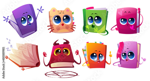 Cute books characters with bookmarks and glasses. Vector cartoon icons set of happy funny paper literature with faces, hearts, cat and devil on cover isolated on white background
