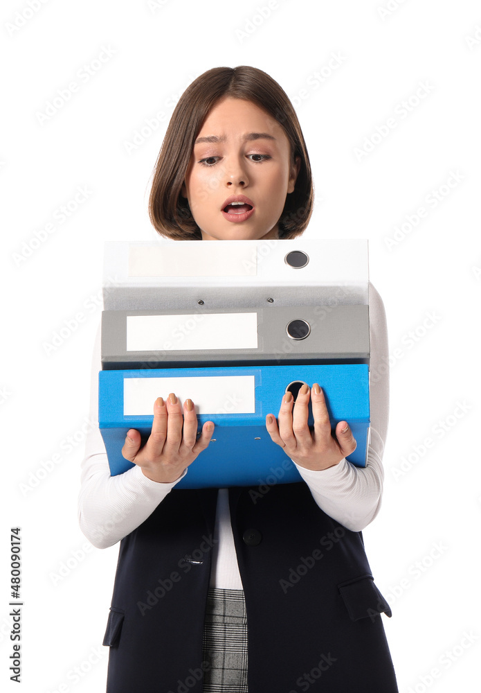 Sad young woman with folders on white background Sad young woman with folders on white background