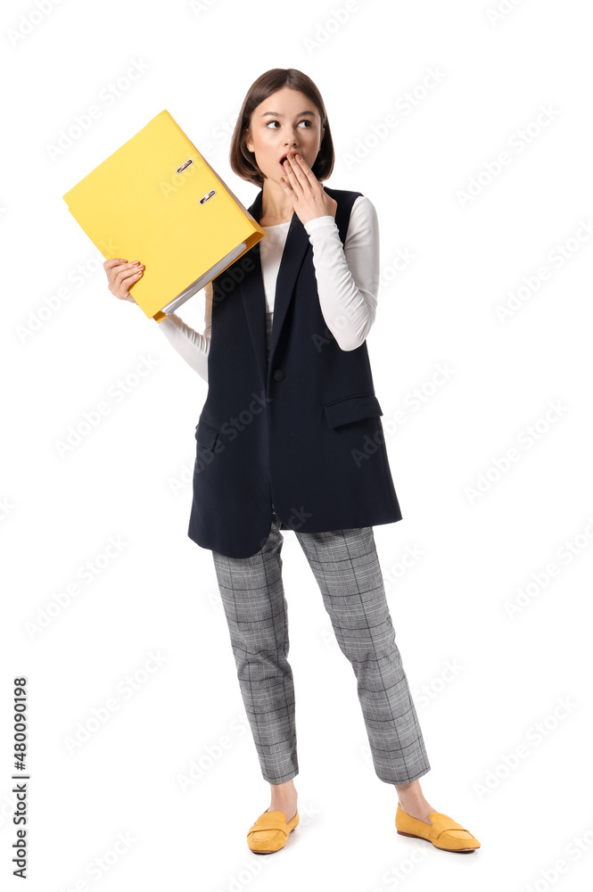 Surprised young woman with folder on white background Surprised young woman with folder on white background