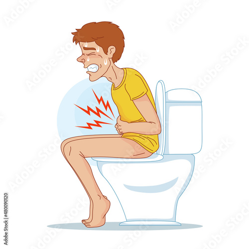  Cartoon a man having a stomach ache on toilet, vector illustration cartoon
