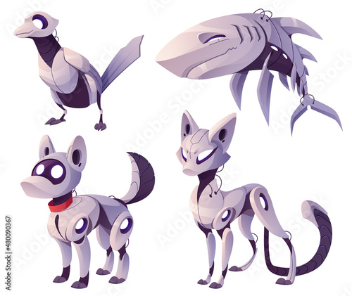 Mechanical animals, dog, cat, shark and bird robots. Vector cartoon set of futuristic mechanic pets, metal animals cyborgs, cute electronic machines isolated on white background