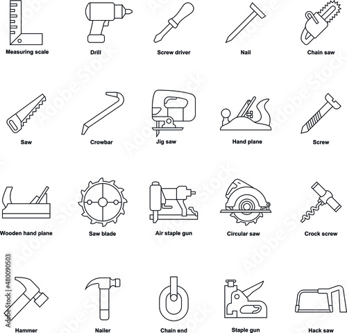 Carpenter tools outline flat vector icon collection set 