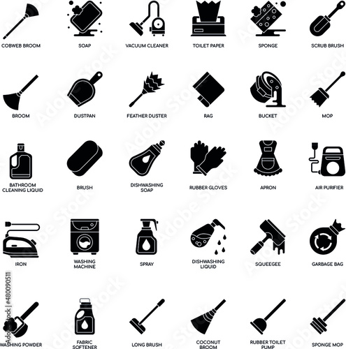 Cleaning elements black and white flat vector icon collection set