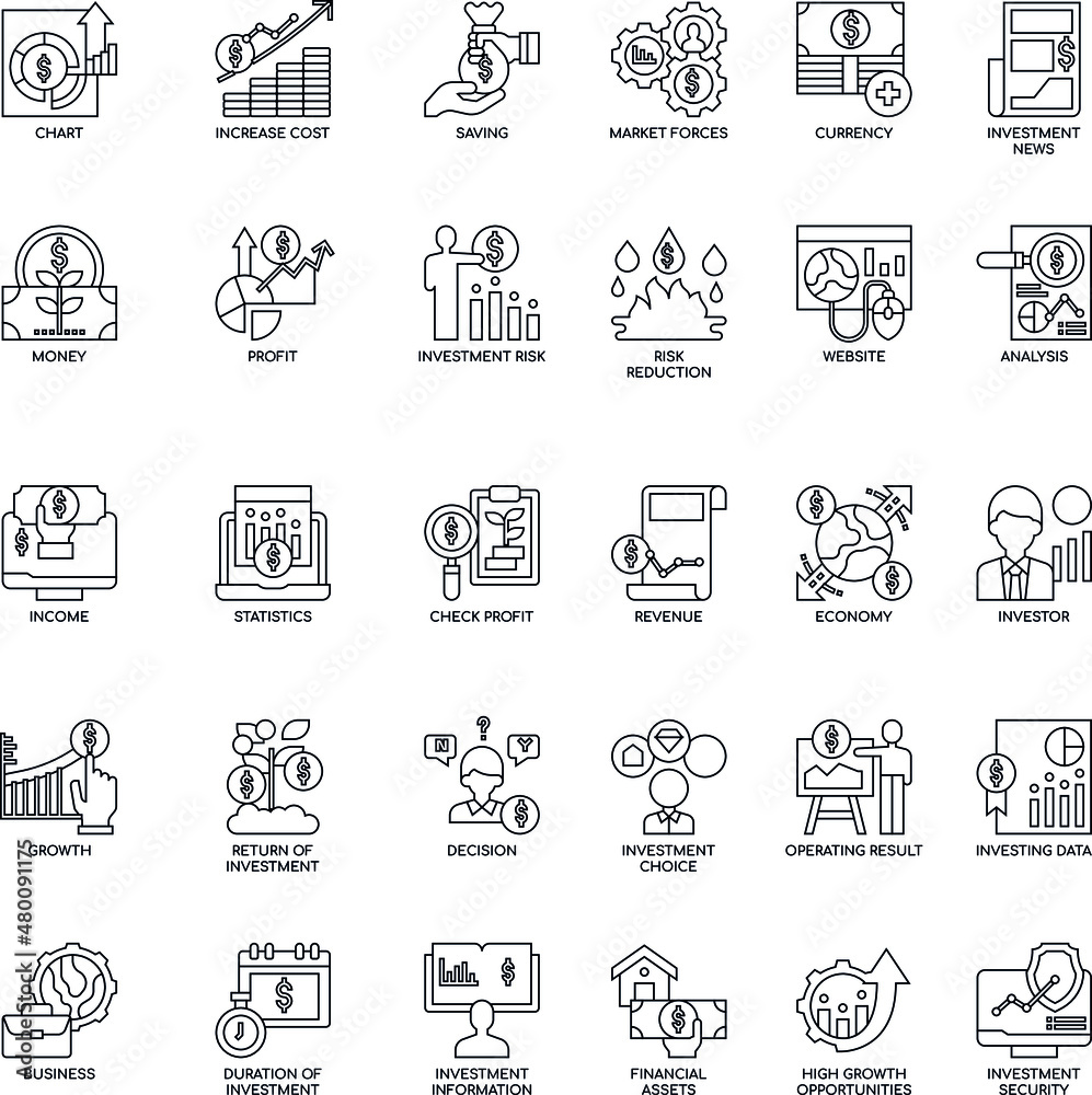 Investment flat vector icon outline collection set