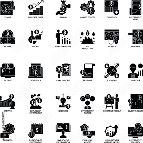 Investment flat vector icon black and white collection set