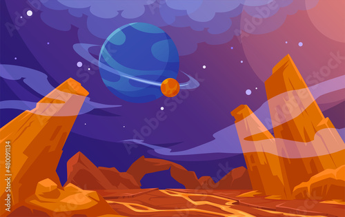 Mars landscape, alien planet background, red land surface, mountains and flowing lava, saturn and stars shine on dark sky. Martian extraterrestrial computer game backdrop, cartoon vector illustration