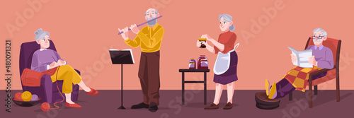 Seniors hobby, old people active lifestyle, male and female elder characters knitting, playing flute, making jam and reading newspaper. Grandmother and grandfather leisure, Cartoon vector illustration