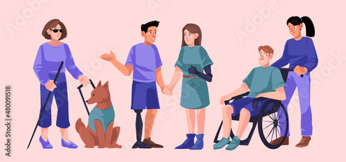 Diverse handicap people group, disability concept. Disabled character on wheelchair, man and woman with bionic hand or leg prosthesis, blind girl with stick and guide dog, Cartoon vector illustration