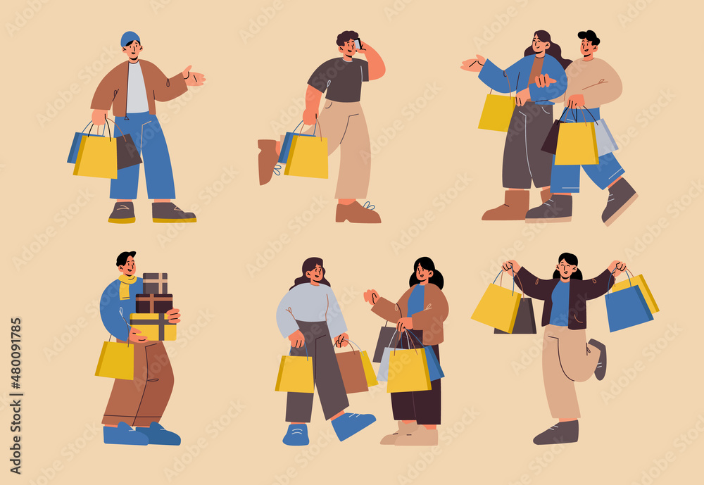People with shopping bags and gift boxes. Happy shop customers, buyers in mall. Vector flat set of persons carrying packages. Women and men walking with bags isolated on background
