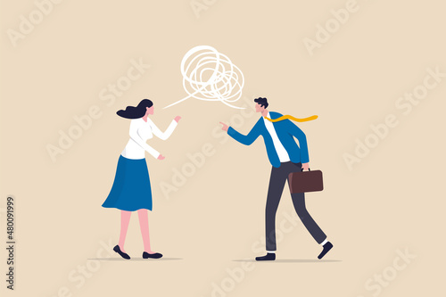 Different opinion, conflict or argument in meeting discussion debate, disagreement or fight, challenge dialog concept, businessman and woman colleague arguing different opinion to find out solution.