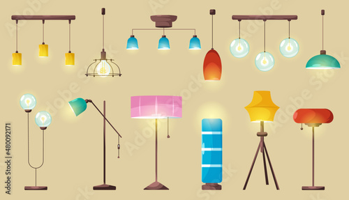 Lamps, ceiling and floor glowing electric bulbs, incandescent modern chandelier lightbulbs, torcheres of different shapes and design. Isolated interior light equipment Cartoon vector illustration, set