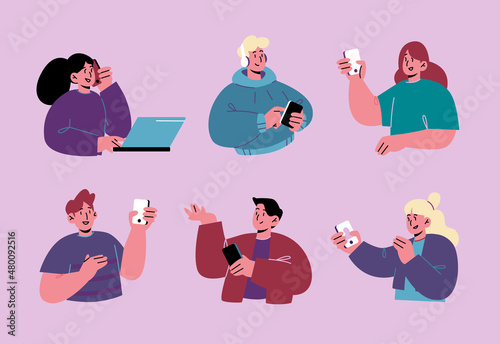 Set of people with mobile phones, men and women with smartphones call, messaging, chatting, texting, reading newsfeed in social media. Teens gadget addiction, Line art flat flat vector illustration