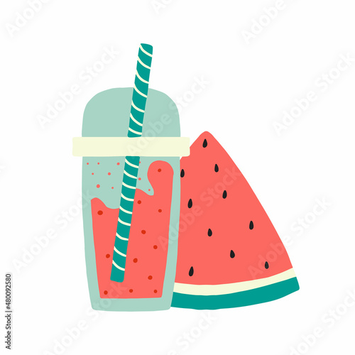 Vector illustration of a juicy watermelon slice and a glass of watermelon smoothie. Watermelon smoothie concept.