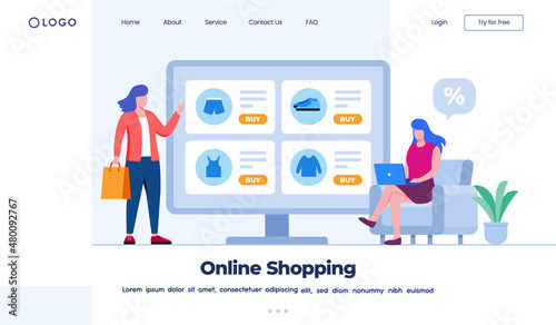 Online shopping concept. easy purchase. marketplace e-commerce landing page website illustration vector flat design