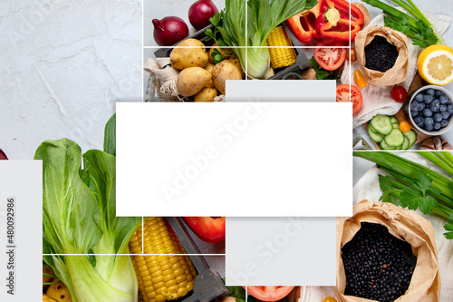 Collage made of Selection of fresh raw vegetables, fruits and beans on light gray background.