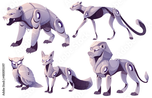 Mechanical animals, bear, fox, owl, panther and lion robots. Vector cartoon set of futuristic mechanic pets, metal animals cyborgs. Cute electronic machines isolated on white background