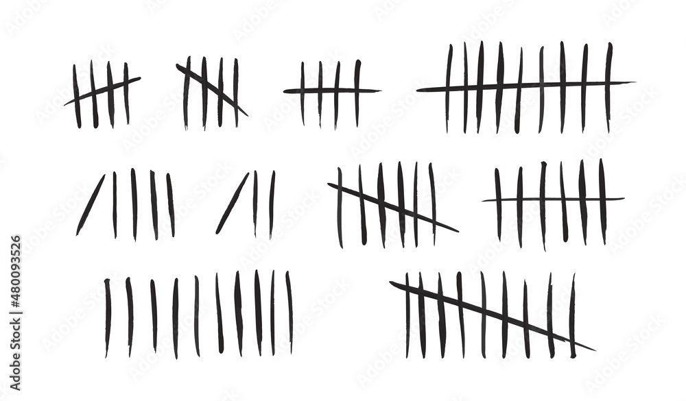 Tally marks set on white background. Collection of black hash marks signs of prison wall, jail or desert island lost day tally numbers counting. Chalk drawn sticks lines counter. Vector illustration - obrazy, fototapety, plakaty 