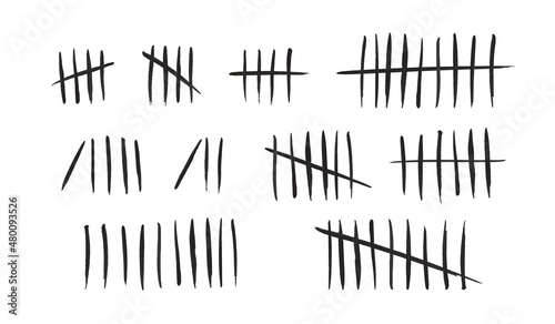 Tally marks set on white background. Collection of black hash marks signs of prison wall, jail or desert island lost day tally numbers counting. Chalk drawn sticks lines counter. Vector illustration photo