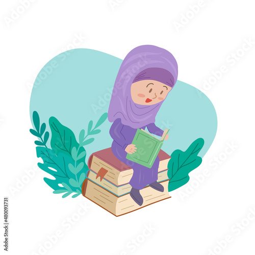 Vector illustration of a reading muslim girl in paranja sitting on a stack of books with plants. Education for everyone. Flat hand drawn cartoon style.