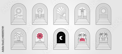 set of door and stairs nature line art logo vector design, beauty landscape abstract minimalist badge design