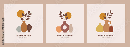 Collection of posters with vases in boho style. Abstract silhouette of ceramic pots and clay jugs in pastel colors. Modern home wall decor. Hand drawn vector illustration. Logo for your company.
