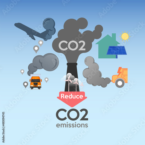 Infographic design of ways to reduce CO2 emissions. Renewable energy transition. Efficient travel and transportation management. Vector illustration outline flat design style.