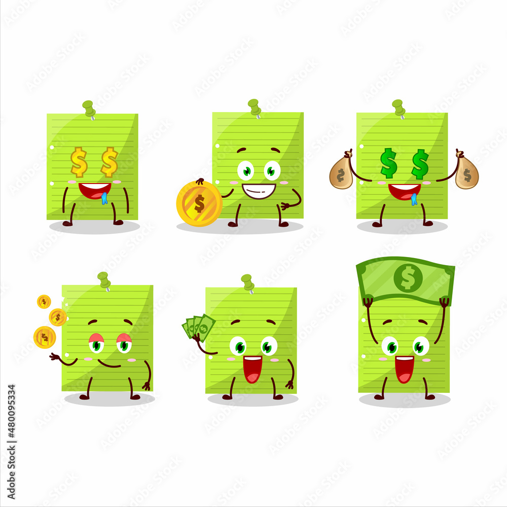 Obraz premium Green sticky notes cartoon character with cute emoticon bring money
