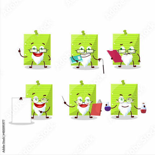 Professor green sticky notes academic cartoon character working on laboratory