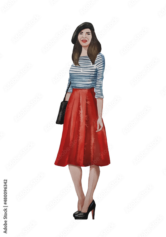 Frenchwoman. Fashionable girl on a white background. Watercolor illustration