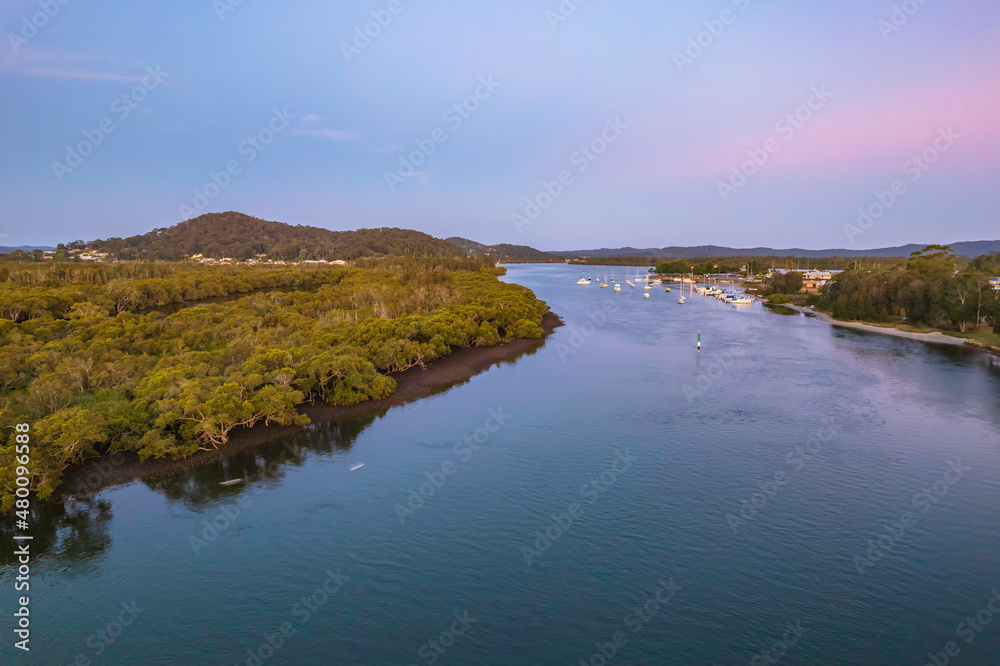 Sunset waterscape with boats