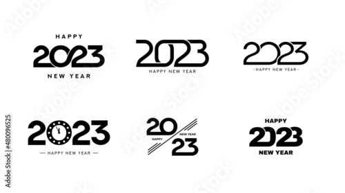 Set of 2023 happy new year signs. Collection of 2023 happy new year symbols. Vector illustration with black holiday icons isolated on white background.