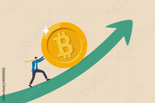 Bitcoin and crypto price rising up, soaring and price increase, crypto currency value growth, mass adoption concept, businessman investor trying hard to push bitcoin up rising up arrow graph and chart