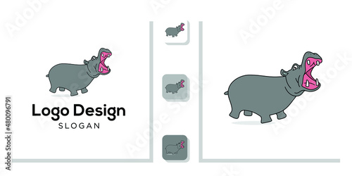 logo design animal wildlife hippo funny big fat grey mouth teeth with app template 
