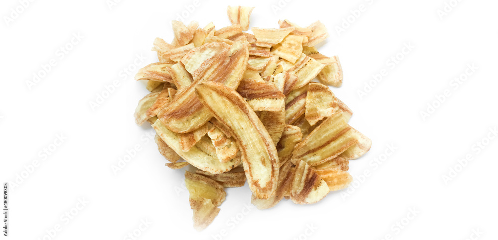 Asian caltivated banana chips or pisang awak banana cracker ro banana chips on white background, soft and selective focus.