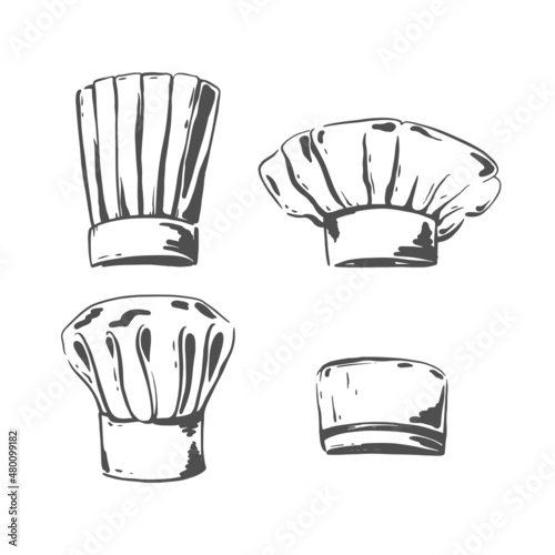 Different chef hats sketch. Baker or cooker cap, kitchener headdress. Uniform Costume Wear Element. Vector isolated hand drawn.