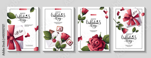 Set of flyers with Gift box, roses, petals, love letter. Happy Valentine's Day, Romance, Love concept. A4 vector illustration for poster, banner, advertising, invitation, flyer, cover.