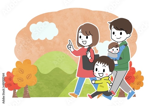 秋・お出かけする家族のイラスト