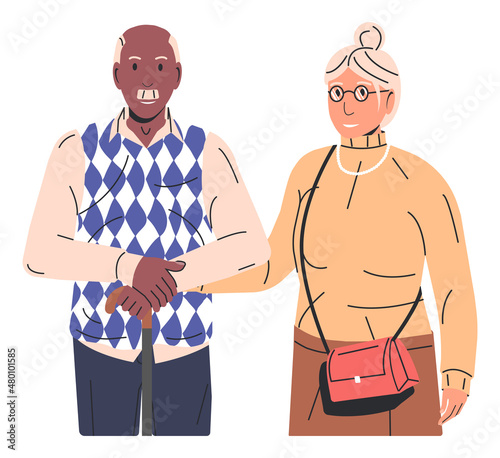 Cute Eldery Couple Isolated. Happy Grandparents in Love. Grand Parents Characters. Eldery Couple Holding Hands. Fashion Seniors People, Man and Woman. Cartoon Flat Vector Illustration