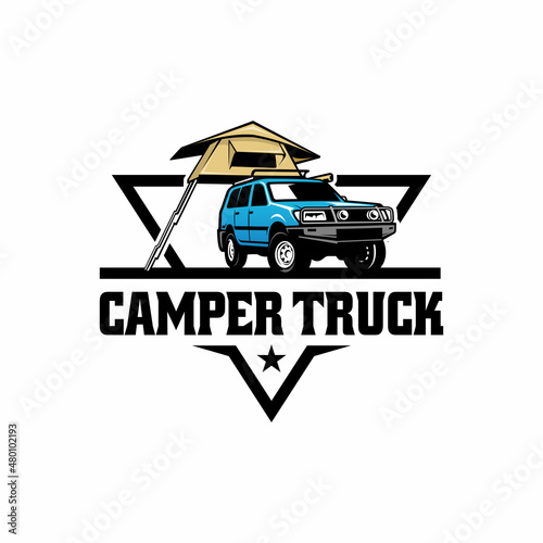 SUV, off road camper van with roof top tent logo vector