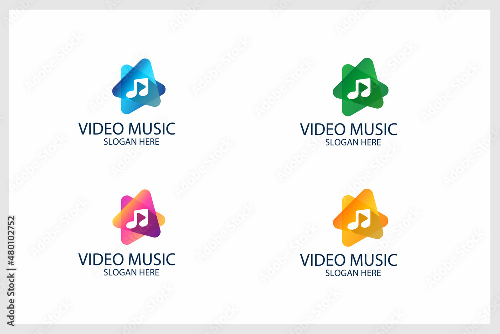 Music logo design vector with play button video. musical note logo design template with colorful. premium vector 