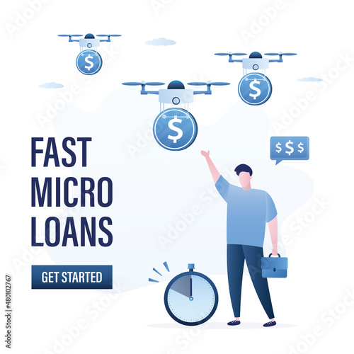 Group of drones bring dollar coins to a businessman. Fast micro loans, concept. New technologies for lending and financing. Man take a credit.