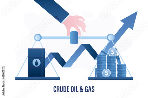 Trader hand holds weight scale with money and oil barrel. Commodities stock market. Crude oil or gas rate. Profitable trading. Finding balance between the bid and ask. Fair price.