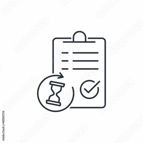 Approved document and time. Authorization, implementation of the agreement. Vector linear icon isolated on white background