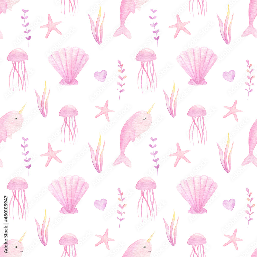 Ocean creatures watercolor cute seamless pattern with whales, fish, seashells isolated on white background. Perfect for kids textile, fabric, covers.  Soft light colors. 