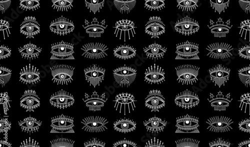 Evil Seeing eye symbol seamless pattern. Occult mystic emblem, graphic design tattoo. Esoteric sign alchemy, decorative style, providence sight.